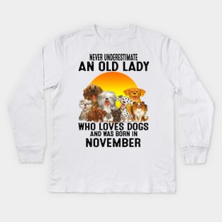 Never Underestimate An Old November Lady Who Loves Dogs Kids Long Sleeve T-Shirt